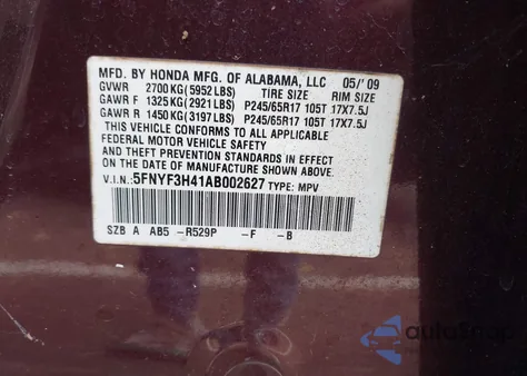 2010 Honda Pilot Ex из США, поврежденный, VIN 5FNYF3H41AB002627